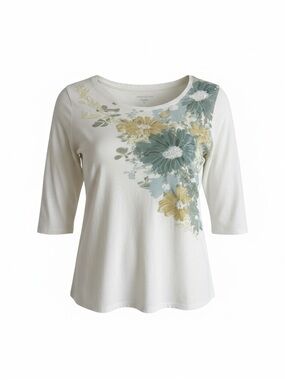 Coldwater Creek Floral 3/4 Sleeved Women’s Embroidered White Top L (12-14)